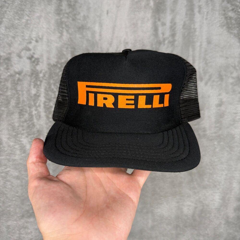 Vtg 80s Pirelli Hat Trucker Cap Snapback Black Orange Osterman USA Mesh Foam
